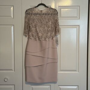 Teri Jon Beige Sequin-Lace Bodice Dress Size 12 Knee Length Elbow Length Sleeves